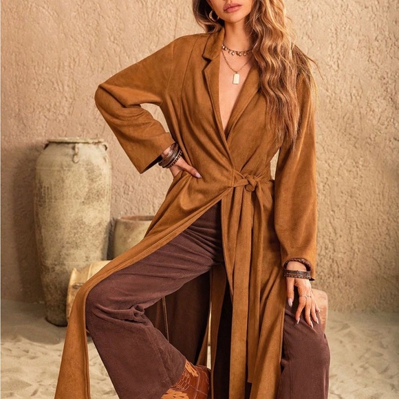 Slit Tied Collared Neck Longline Coat - Picture 8 of 8